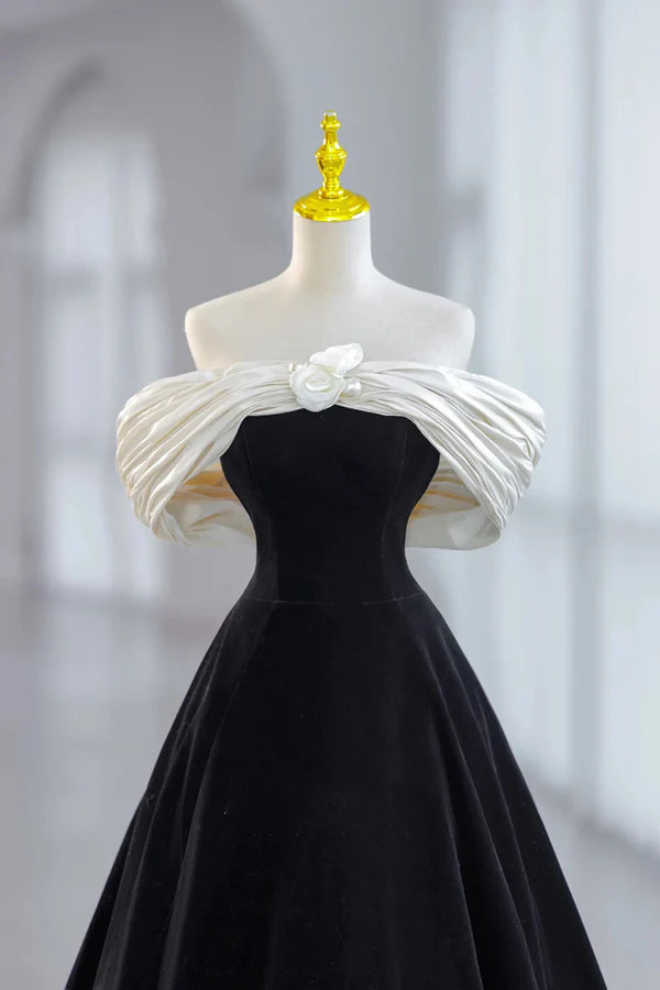Wholesale White and Black Velvet Short Prom Dress Black Off Shoulder Evening Dress